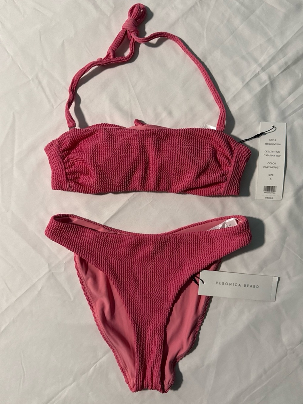 Veronica Beard Hot Pink Textured Bandeau Bikini Set with Halter Strap